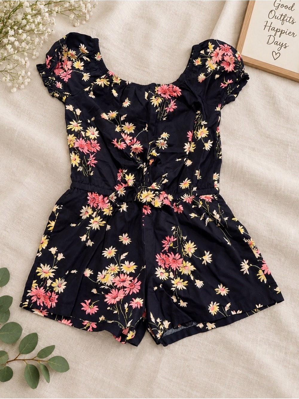 GAP Navy Floral Short Romper with Pink & Yellow Blossoms